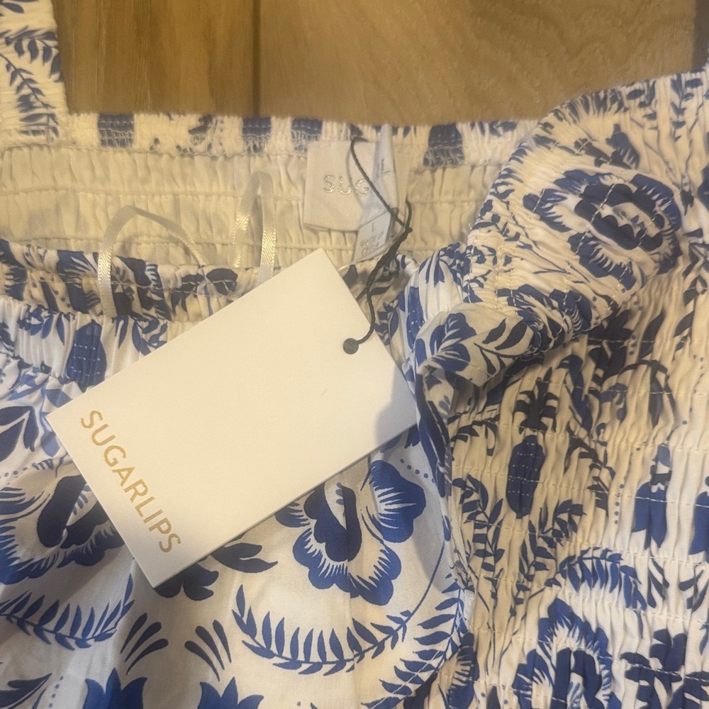 Off-Shoulder Blue & White Floral Midi Dress - Picture 4 of 11